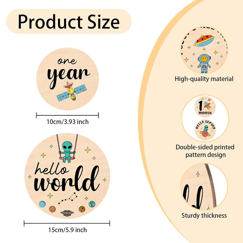 MCIAONE Baby Milestone Cards - Space Adventure Baby Monthly Milestone Signs, Rocket & Planet Wooden Signs Discs for Photo Props, "Hello" Newborn Announcement Sign with Astronaut,Baby Shower/Gift Set(13pcs) - Image 3